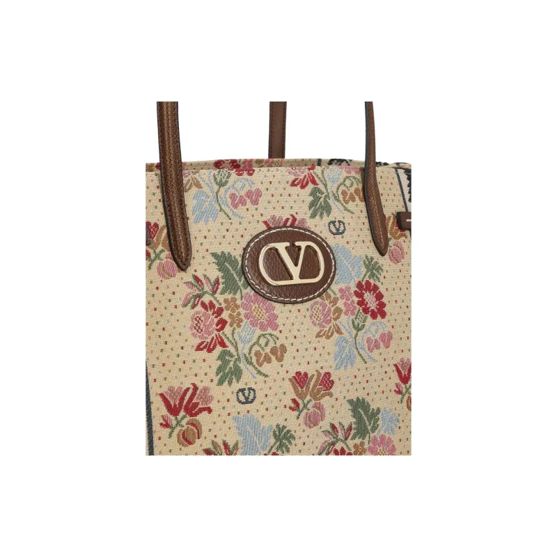 Valentino Cotton Tote Bag Shopping Bag Shoulder Bag Crossbody Bag Handbag Women's Khaki & Multicolor-3