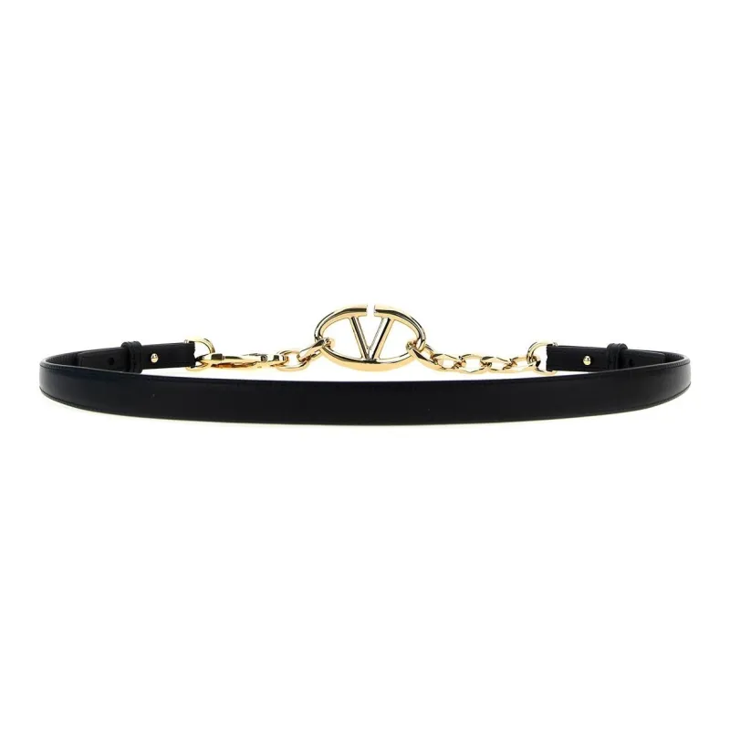 Valentino Metal Leather Belts Women's Black Width  4CM-1