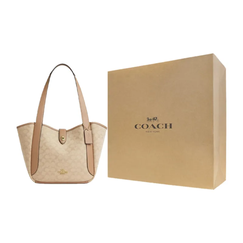 COACH Hadley Fabric With Leather Tote Bag, Shopping Bag, Handbag, Shoulder Bag Women's Deep Natural Mixed Color-5