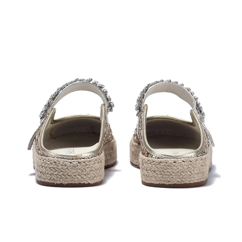 BELLALILY Rubber Sole Sequins Rhinestone Woven Fabric Abrasion-Resistant Wrap-toe Slippers Women's-4