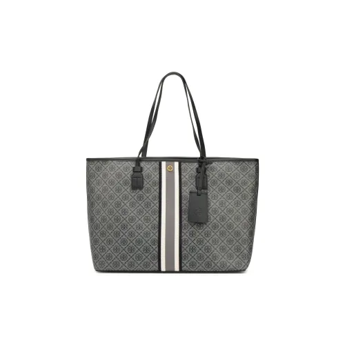 TORY BURCH T Monogram PU Bonded Canvas Tote Bag Shopping Bag Shoulder Bag Handbag Large Size Women's Black