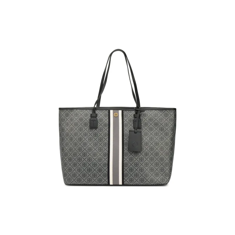 TORY BURCH T Monogram PU Bonded Canvas Tote Bag Shopping Bag Shoulder Bag Handbag Large Size Women's Black-0