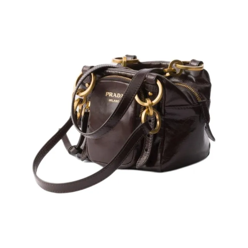 PRADA Leather Handbag, Shoulder Bag Mini Women's Dark Brown-1
