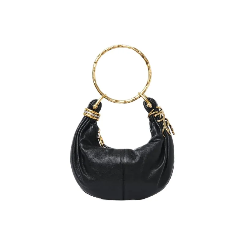 Chloe Buffalo Leather Hobo Bag Shoulder Bag Crossbody Bag Handbag Mini Women's Black-0