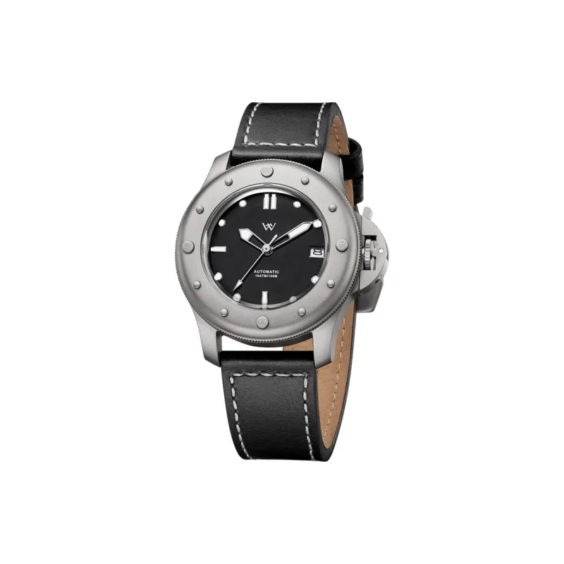 Welly Merck Automatic Mechanical Movement Leather Watch Bands Men's Watches Black Dial-7