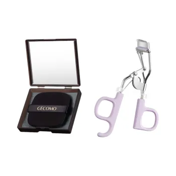 GECOMO One Click Flower Eyelash Curler+Oil Absorbing Paper Combo, Built in Mirror Powder Puff, Makeup Tool