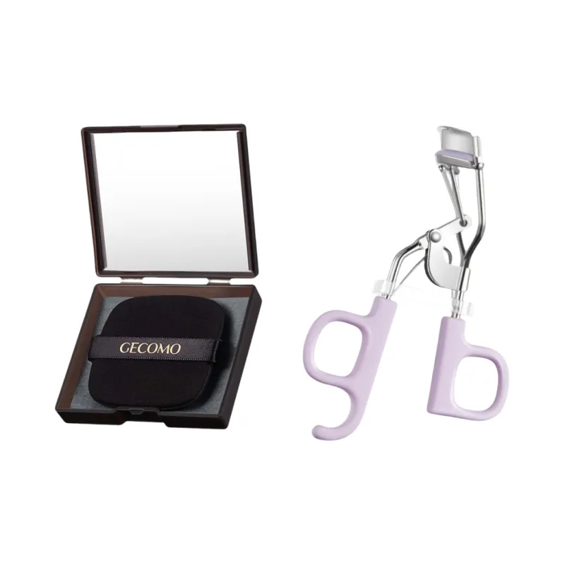 GECOMO One Click Flower Eyelash Curler+Oil Absorbing Paper Combo, Built in Mirror Powder Puff, Makeup Tool-0
