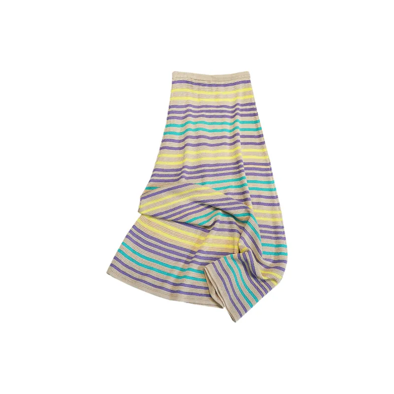 TOUCH Casual Long Skirt Women's Green Purple Stripes-3