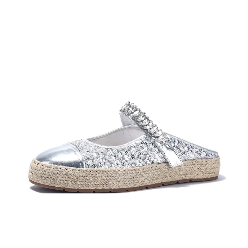 BELLALILY Rubber Sole Sequins Rhinestone Woven Fabric Abrasion-Resistant Wrap-toe Slippers Women's-6