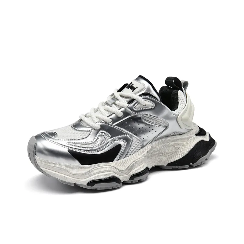 ZOIBBOE Cushioning Anti-Slip Wear-Resistant Breathable Support Height Increasing Low-Top Chunky Sneakers Men's Silver-1