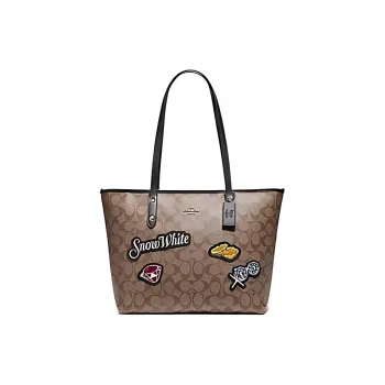 COACH X Disney/Disney City Zip Tote Canvas With Leather Tote Bag, Shoulder Bag Tubas Women's Khaki & Gold