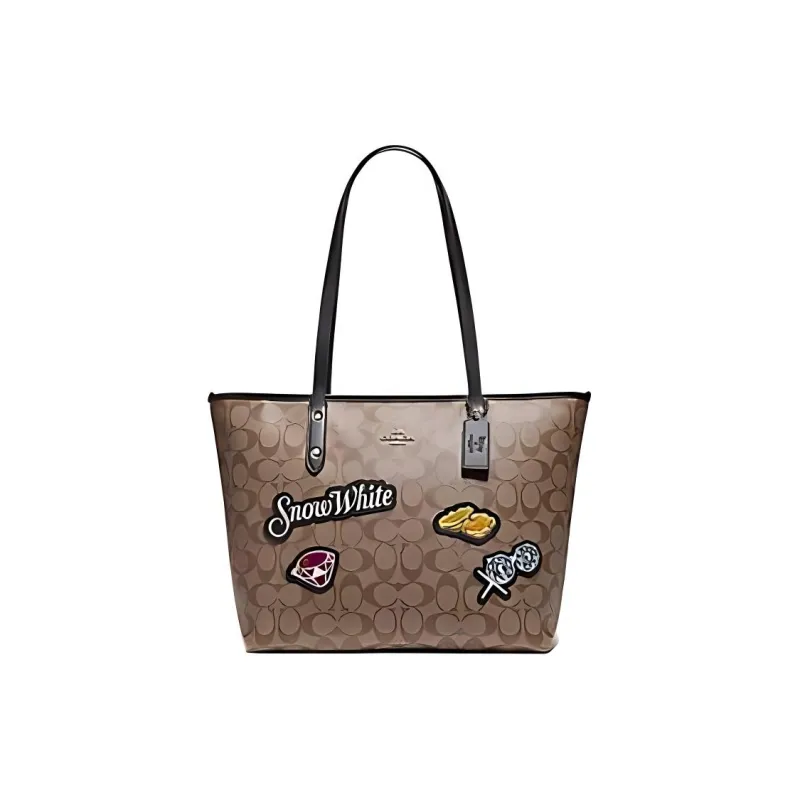COACH X Disney/Disney City Zip Tote Canvas With Leather Tote Bag, Shoulder Bag Tubas Women's Khaki & Gold-0