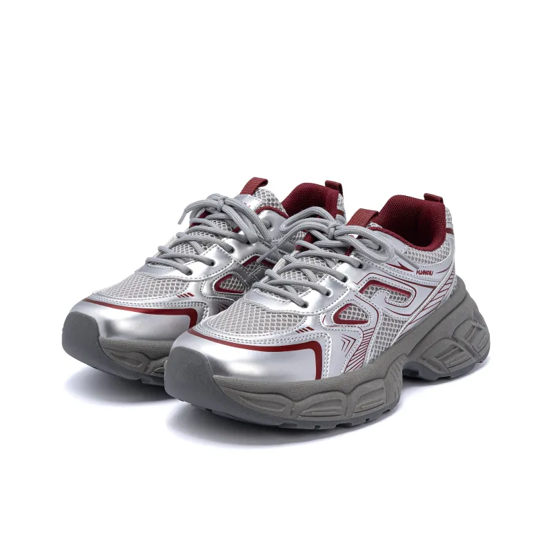 HUANQIU Wear-Resistant Lightweight Height Increasing Low-Top Chunky Sneakers Women's Silver Red-2