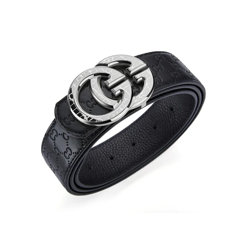 GUSKI Top Grain Cow Leather Smooth Buckle Belt Suitable For Men's Pants Men's Silver Gold Width: 3.8cm Gift Box Sets-0