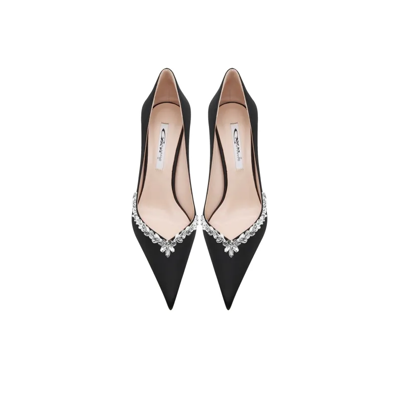 Ganxiaojie Star Chain Rhinestone Style Slim Heel High Heels Women's Black-4