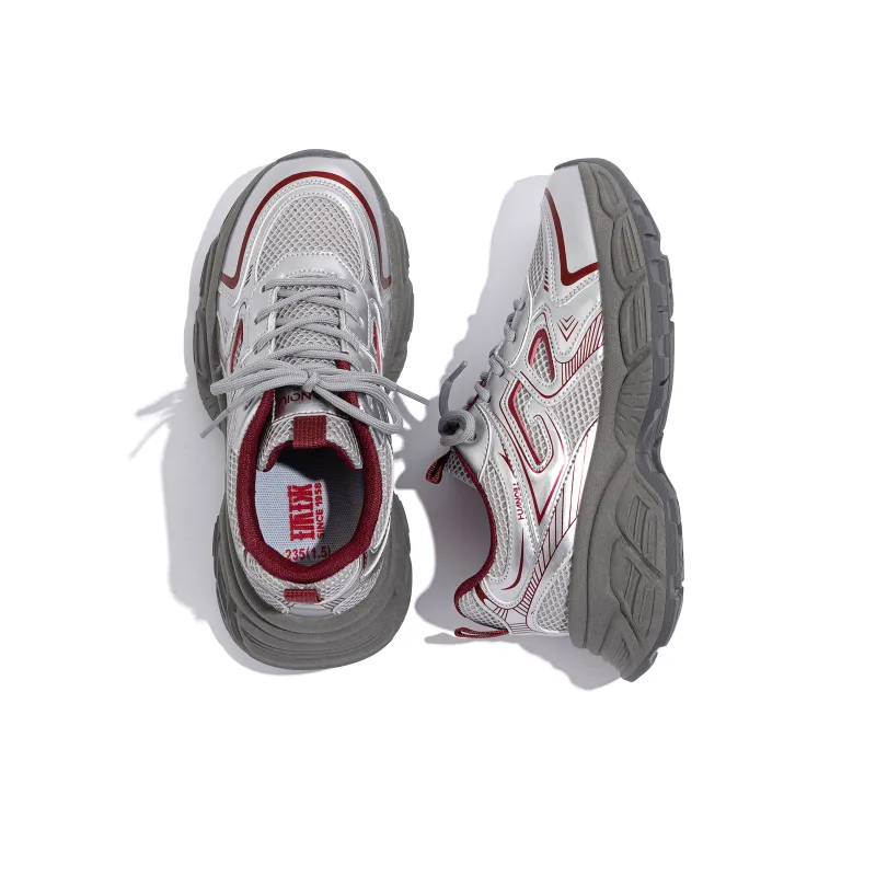 HUANQIU Wear-Resistant Lightweight Height Increasing Low-Top Chunky Sneakers Women's Silver Red-6