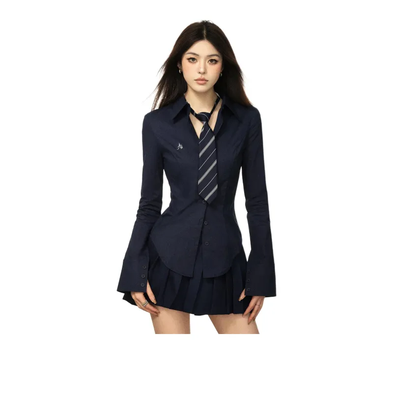 Aaisup Shirts Women's Navy Blue[Includes Tie]-1