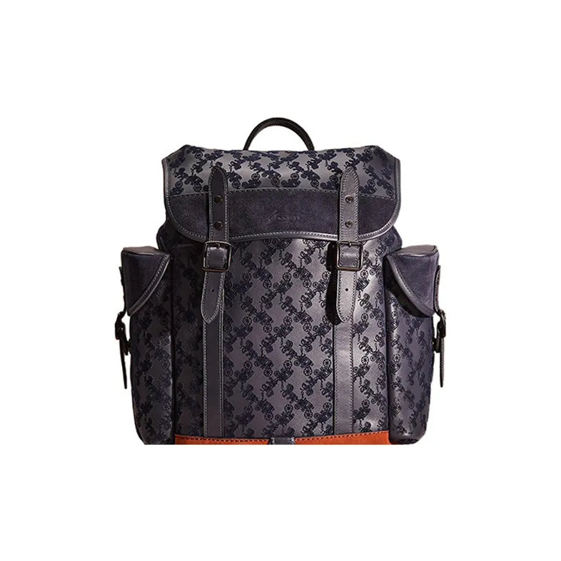 COACH Hitch Calfskin Suede Travel Bags Backpack Large Size Men's Dark Blue Multicolor With Orange-2