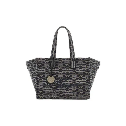 EMPORIO ARMANI Cotton Tote Bag Shopping Bag Handbag Shoulder Bag Large Size Women's Dark Blue & Umber