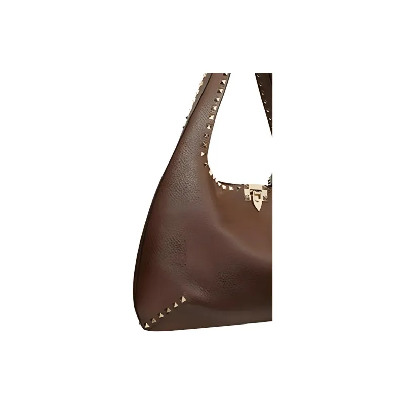 Valentino GARAVANIRockstud Grained Calfskin Hobo Bag Handbag Shoulder Bag Small Size Women's Coffee-4