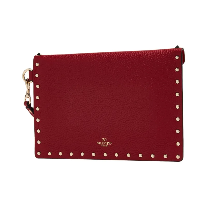 Valentino RockstudGARAVANI Cow Leather Clutch Women's Red-1