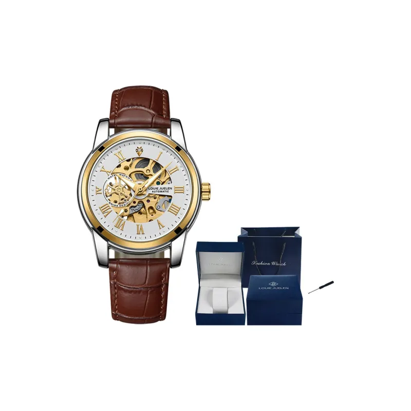 LOUIE JUELEN Mechanical Movement Leather Watch Bands Watch Men's Watches Silver Dial-0