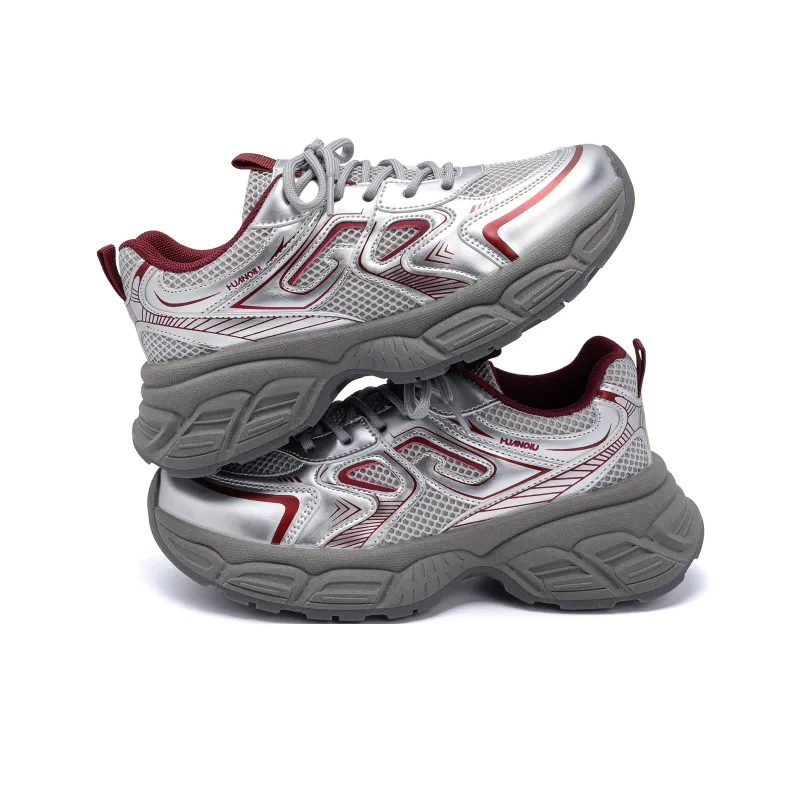 HUANQIU Wear-Resistant Lightweight Height Increasing Low-Top Chunky Sneakers Women's Silver Red-4