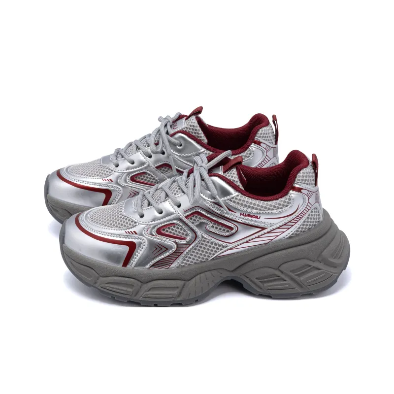 HUANQIU Wear-Resistant Lightweight Height Increasing Low-Top Chunky Sneakers Women's Silver Red-1