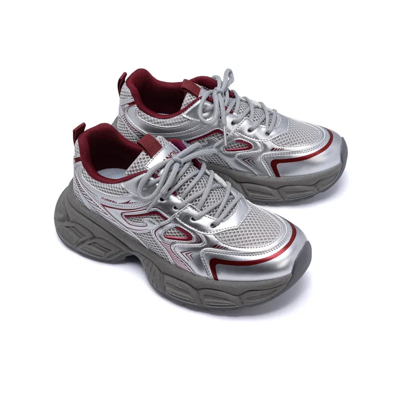HUANQIU Wear-Resistant Lightweight Height Increasing Low-Top Chunky Sneakers Women's Silver Red-3