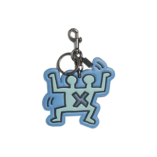 COACH X Keith Haring Collaboration Bag Charm Smooth Leather Keychain Bag Accessory Pack Unisex Denim Blue