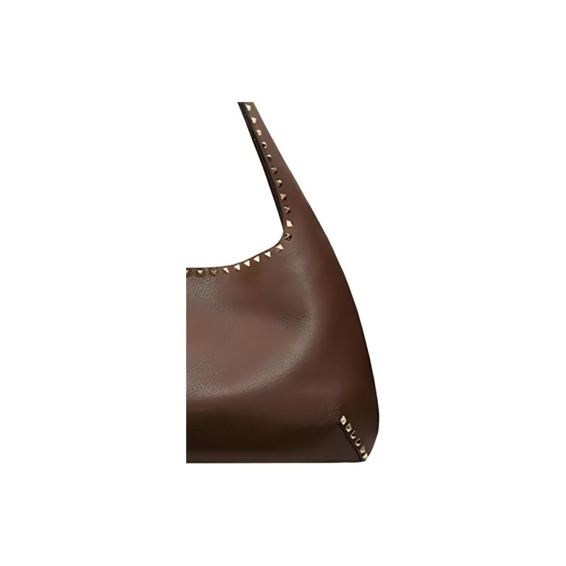 Valentino GARAVANIRockstud Grained Calfskin Hobo Bag Handbag Shoulder Bag Small Size Women's Coffee-3
