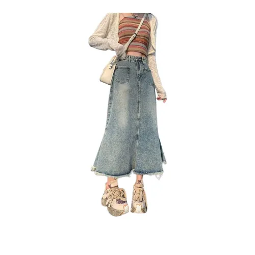 7 SEVFUN Denim Long Skirts Women's Vintage Blue
