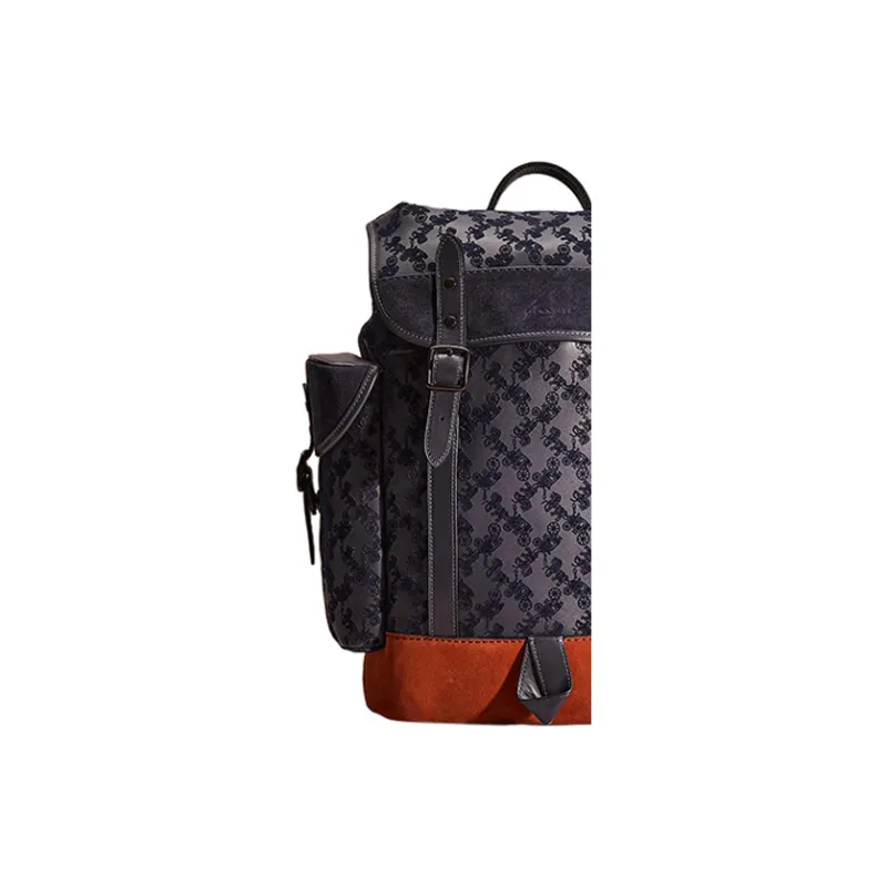 COACH Hitch Calfskin Suede Travel Bags Backpack Large Size Men's Dark Blue Multicolor With Orange-1