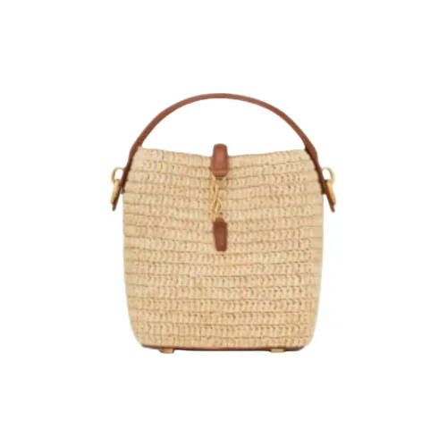 SAINT LAURENT Raffia Bucket Bags One Shoulder Handbags Mini Women's Natural Brick Red