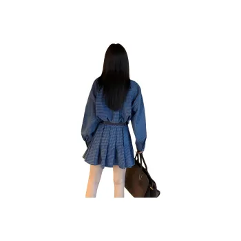 XIAOJUCHUANLI Long Sleeved Dresses Women's Blue Plaid Skirt