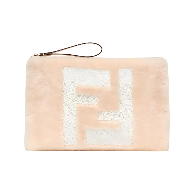 FENDI Sheepskin Combined With Calfskin Clutch Large Size Women's Light Pink-0