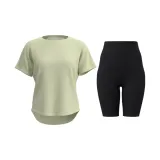 Light Pea Green Short-Sleeved Shirt+Shiny Black Knee-Length Pants