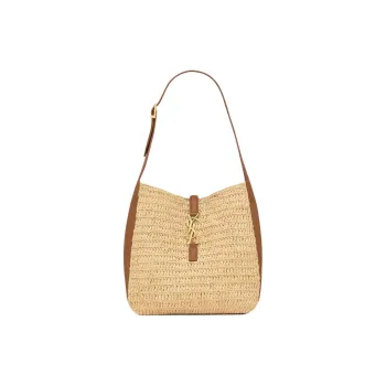 SAINT LAURENT Raffia With Calfskin Shoulder Bag Small Size Women's Light Brown & Brick Red