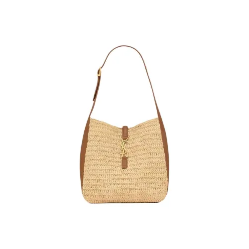SAINT LAURENT Raffia With Calfskin Shoulder Bag Small Size Women's Light Brown & Brick Red