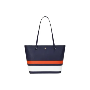 Ralph Lauren Cow Leather Tote Bag Shopping Bag Shoulder Bag Medium Size Women's Dark Blue Red White