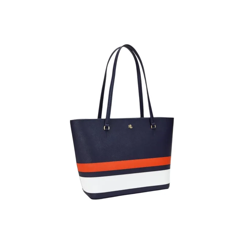 Ralph Lauren Cow Leather Tote Bag Shopping Bag Shoulder Bag Medium Size Women's Dark Blue Red White-1