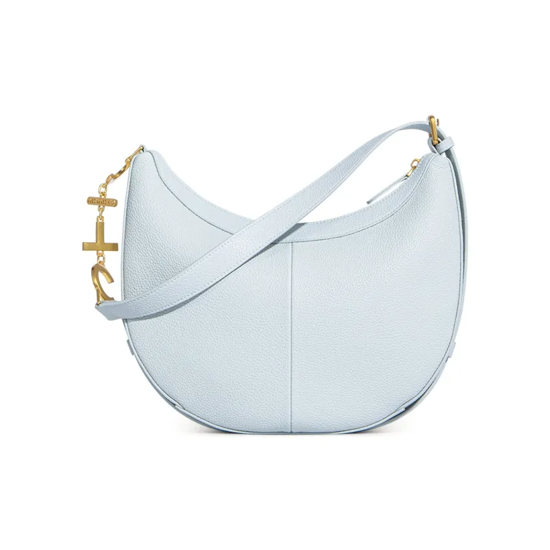 Cthulhu Cow Leather Letter Crescent Bag Shoulder Bag Large Size Women's Blue-2