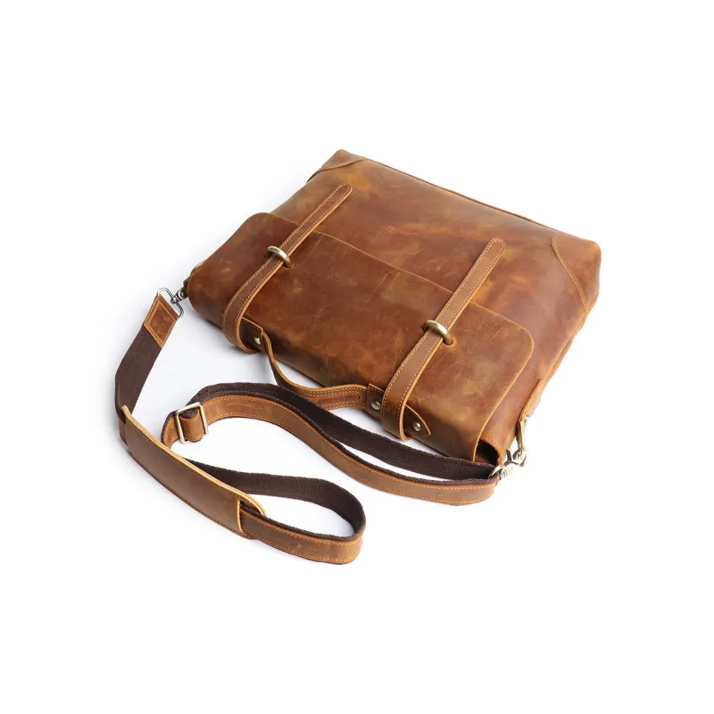 LARTIGENT Crazy Horse Cow Leather Vintage Portable Briefcase Shoulder Bag Crossbody Bag Regular Men's Brown Yellow-3