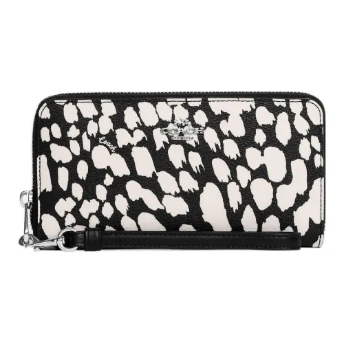 COACH Zip Around Coated Canvas With Smooth Leather Wrist Bags Clutches Wallets Women's Black & White