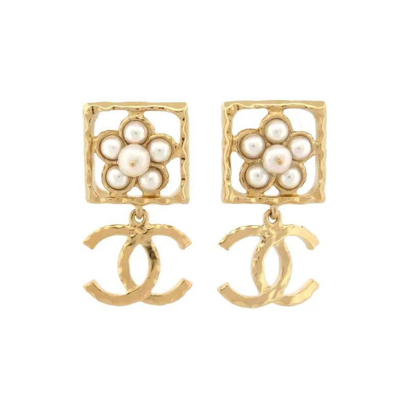 CHANEL Metal Glass Pearl Earrings Women's Gold-0
