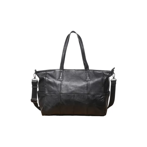 LARTIGENT Top Grain Cow Leather Tote Shoulder Bag Short Trip Computer Luggage Bag Travel Bag Unisex Black