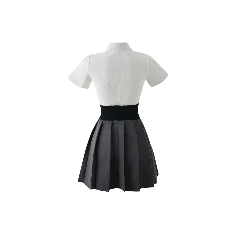 KAZAN Uniforms Women's White Shirt+Black Fishbone Skirt+Bow Tie-1
