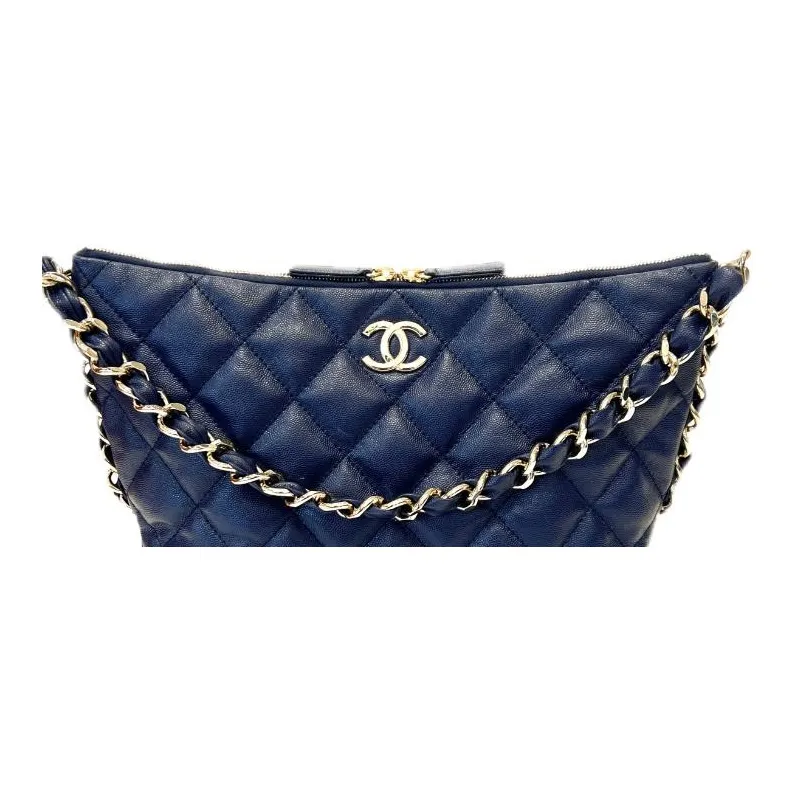 CHANEL Litchi Grain Cow Leather Handbag, Shoulder Bag Tubas Women's Marine Blue-4