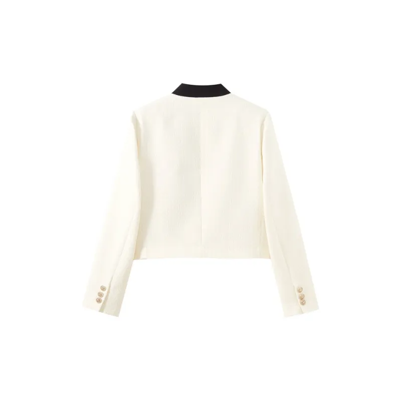 SHUIYUNJIAN Commute Business Double Breasted Short Coat Women's Beige Apricot-1
