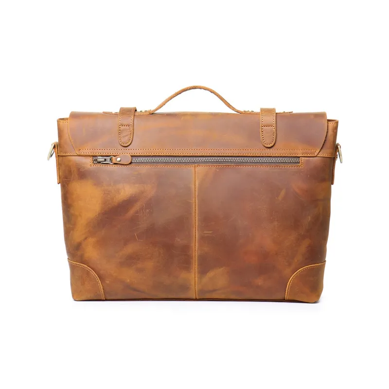 LARTIGENT Crazy Horse Cow Leather Vintage Portable Briefcase Shoulder Bag Crossbody Bag Regular Men's Brown Yellow-1